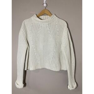 C/MEO COLLECTIVE Two-Tone Chunky Knit Mock Neck Sweater Cream Grey Womens Medium